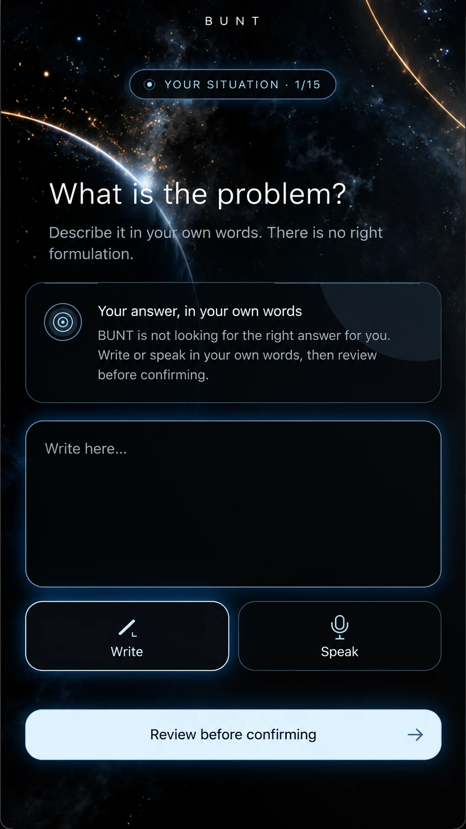 BUNT screen in English asking the user to describe the problem